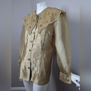 Vintage 80s Gold Blouse Sheer Sleeves Embellished Lapel Shiny Satin Party Top 8